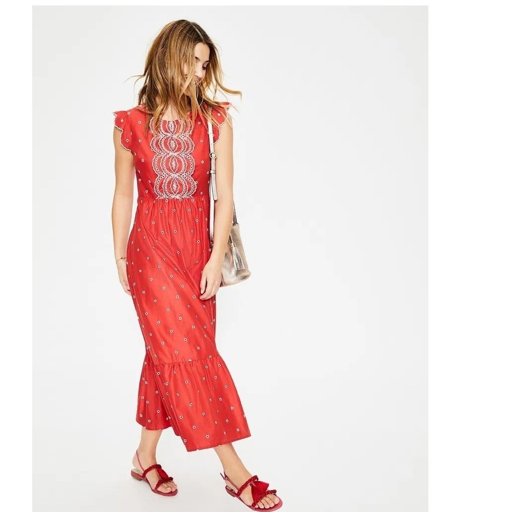 Boden Red Cotton Eyelet Floral Embroidered Flutter Sleeve Midi Dress W0160 14R